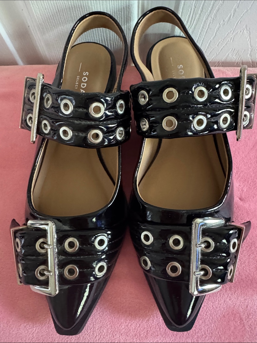 Soda Black Patent Pointed Toe Slingback Flats with Grommet Straps